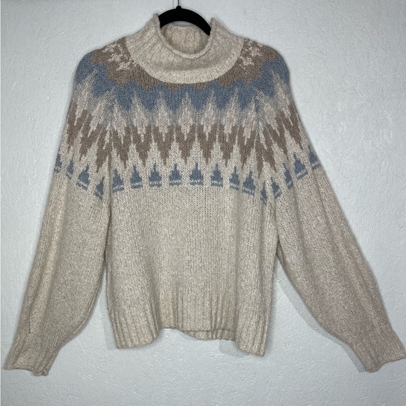 American Eagle Fair Isle Cream Blue Turtleneck Knit Sweater Cozy Winter Size Lg - Picture 4 of 13